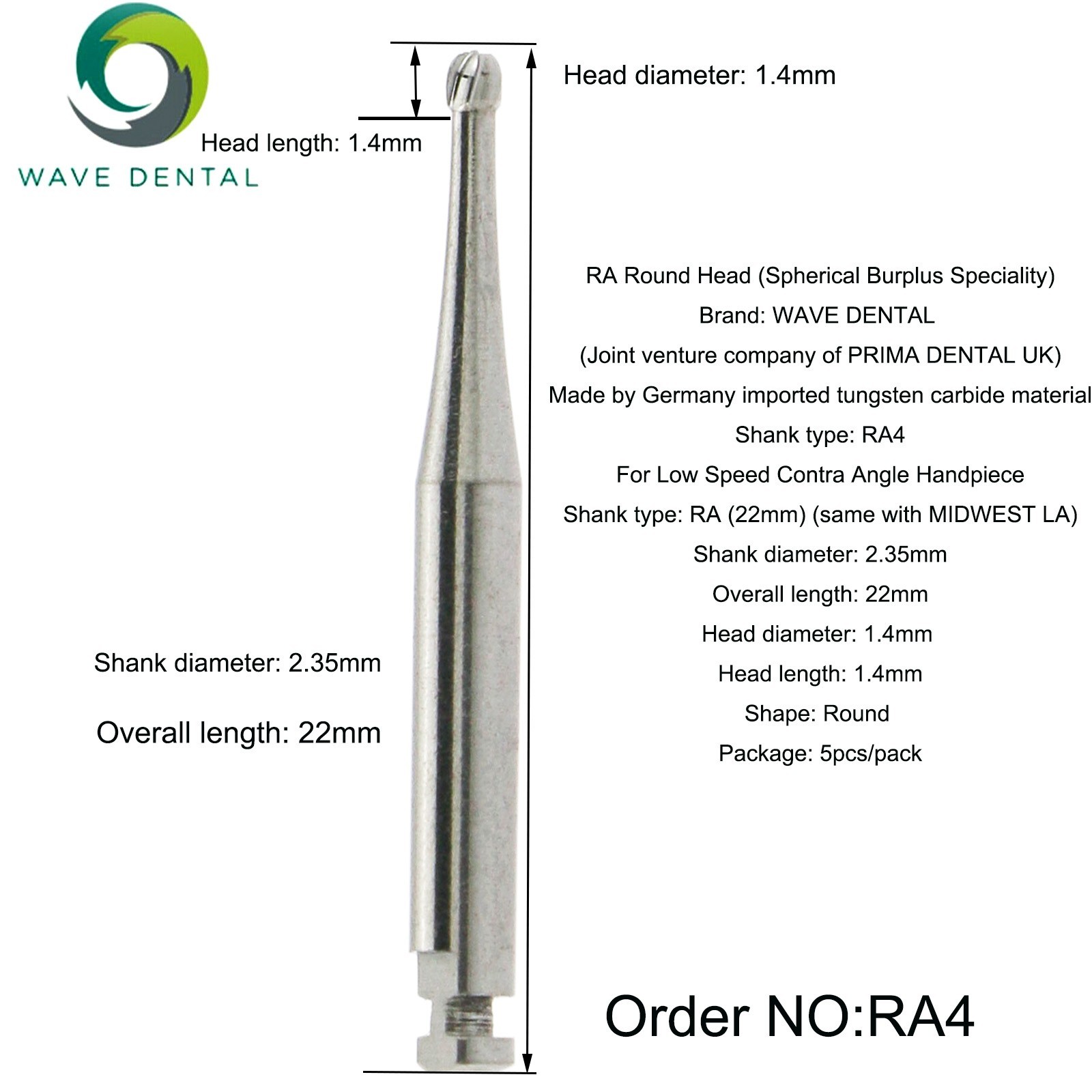 US WAVE Dental Burs Round Latch RA 2.35mm COXO Low Speed Contra Angle Handpiece