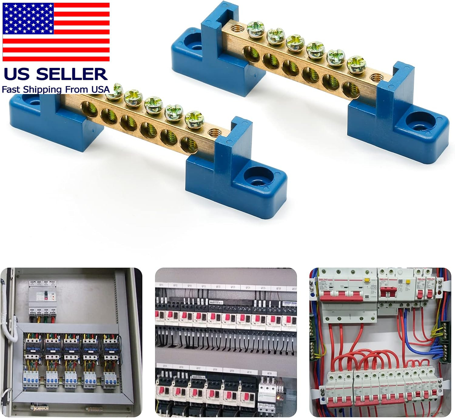 2Pcs Ground Bus Bar Terminal Block, Terminal Positions Wire Screw Terminal Brass