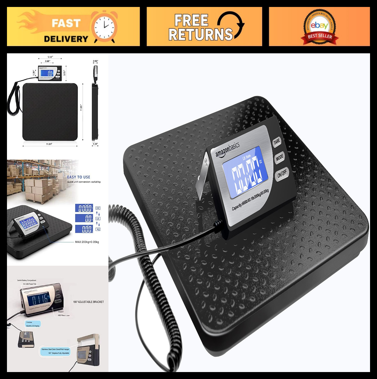 Digital Shipping Postal Scale – Heavy Duty 660 lb Capacity, Tare Function, Porta