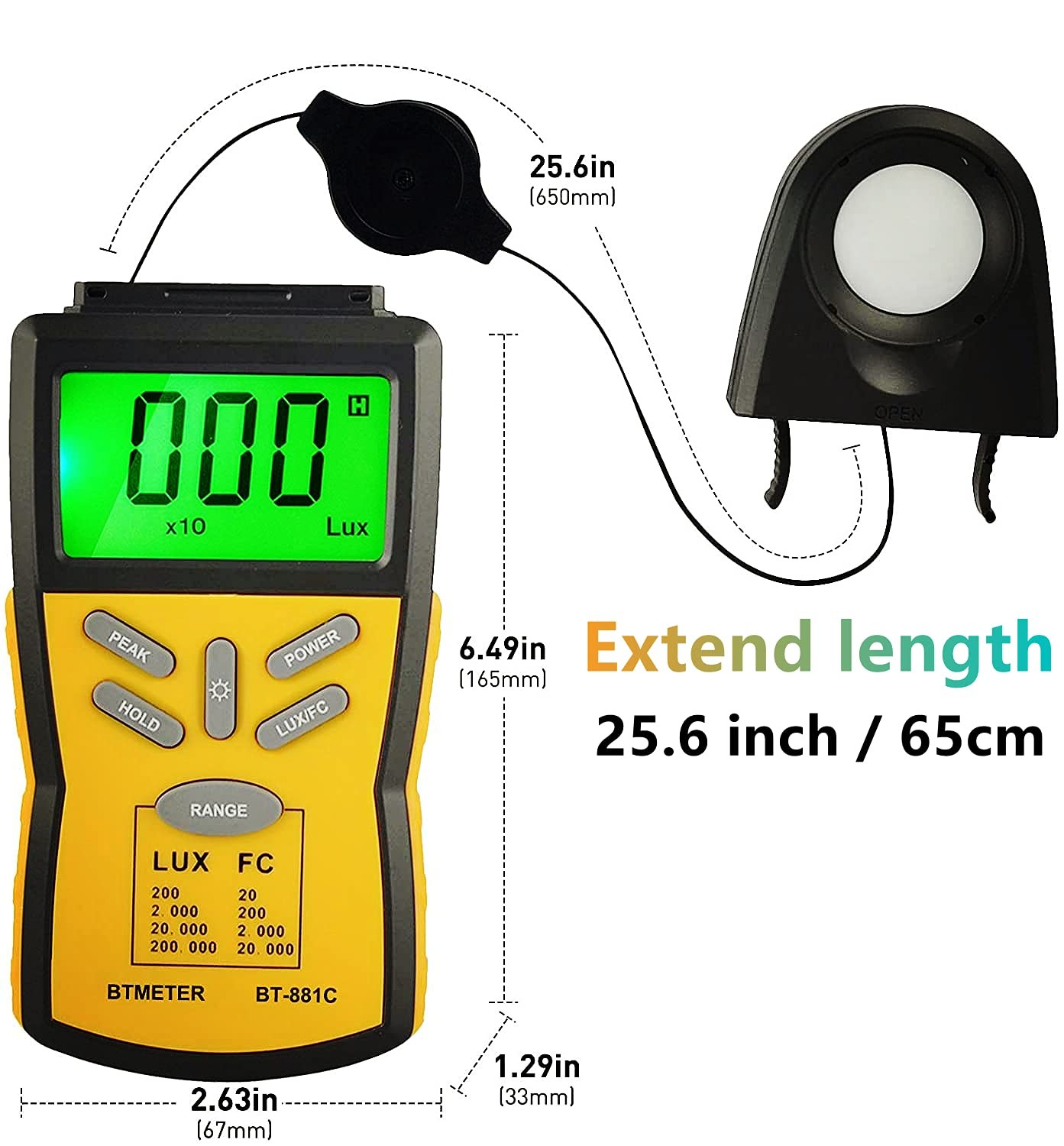 1 Pack BT-881C Digital Light Meter, 0.1-200000 Lux, Lumen, FC, Photometer