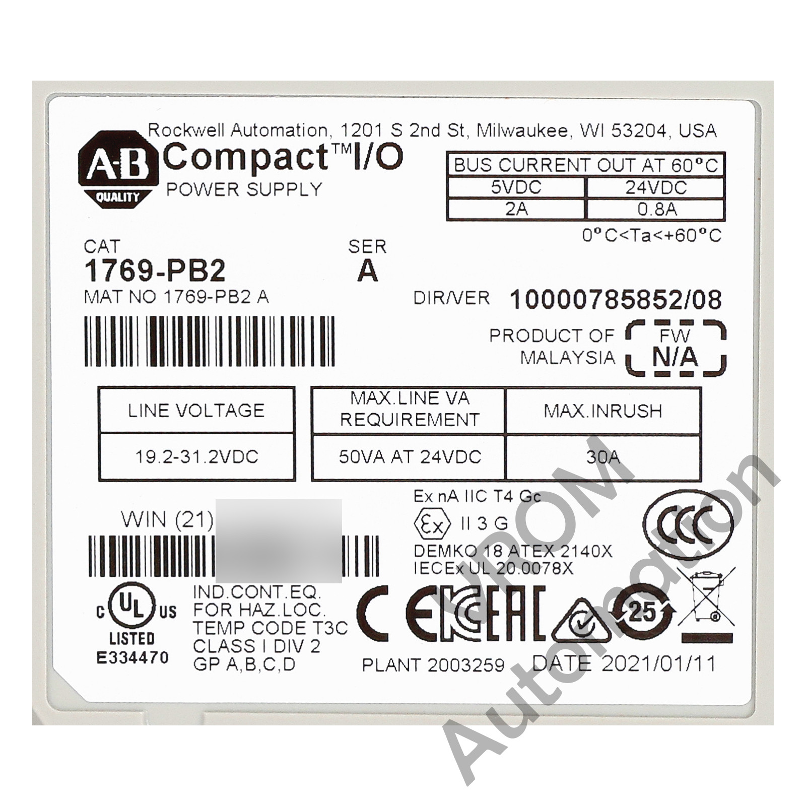 Allen Bradley 1769-PB2 /A PWR SUPPLY 24VDC