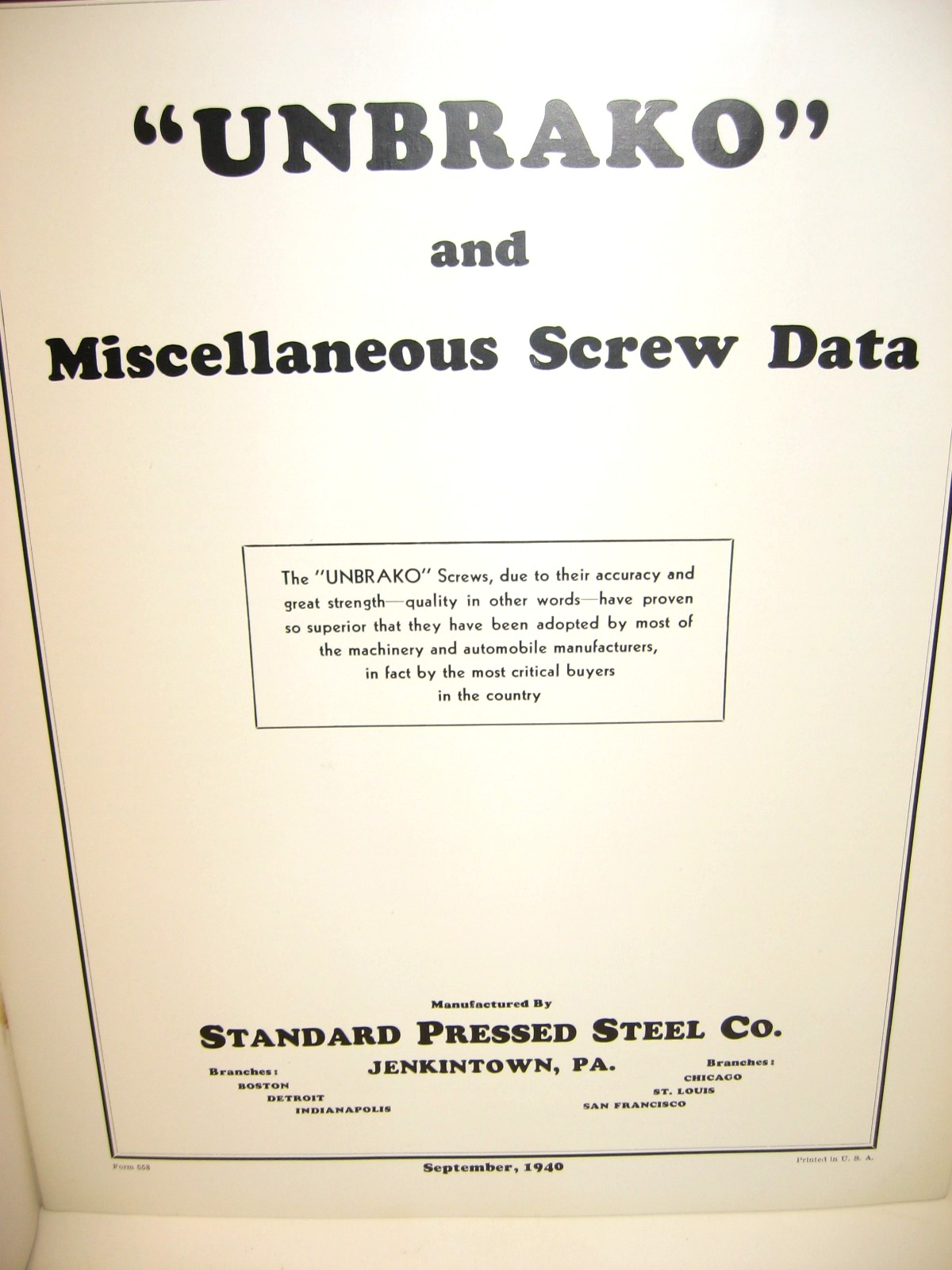 1940 “UNBRAKO” & Miscellaneous Screw Data, Standard Pressed Steel, Jenkintown PA
