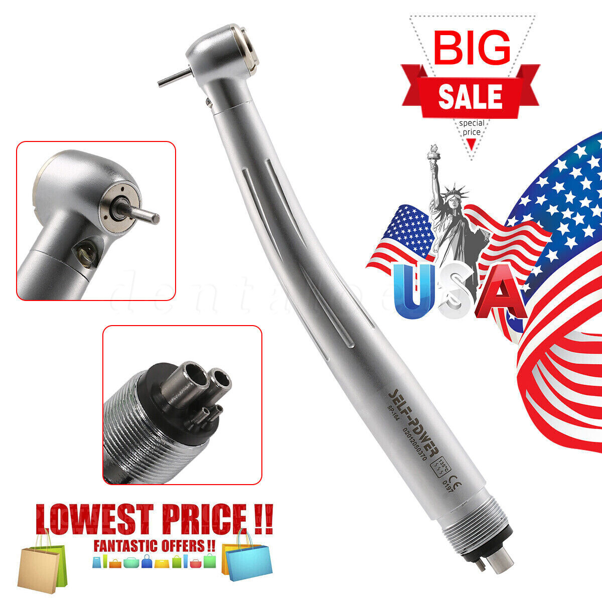Dental 4 Hole LED E-generator Fiber Optic High Speed Handpiece Turbine PDM USA