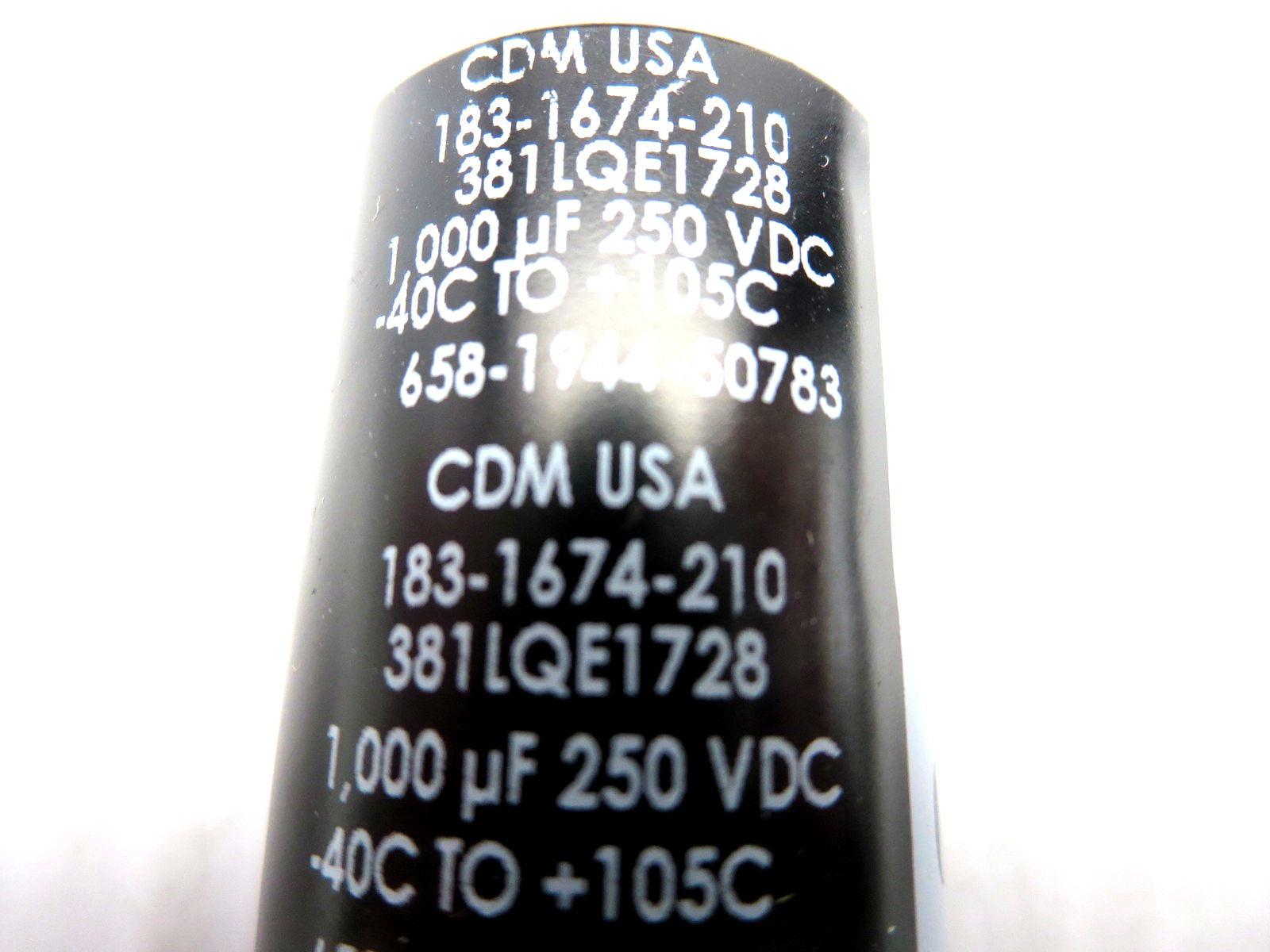 CDM USA 381LQE1728 Capacitor 1,000uf 250VDC +/-20% -40C To +105C Snap-In NEW