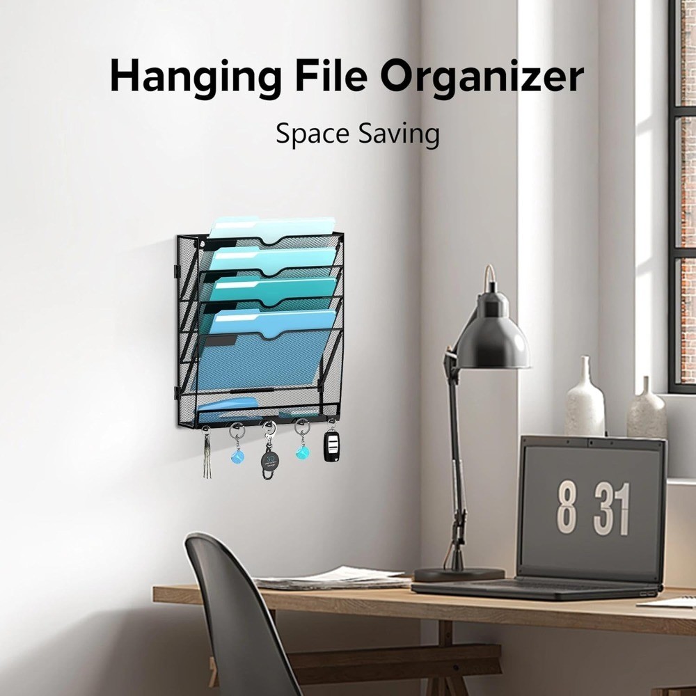 Wall Mounted Hanging File Organizer with 5 Tiers and 5 Hooks for Mail Papers