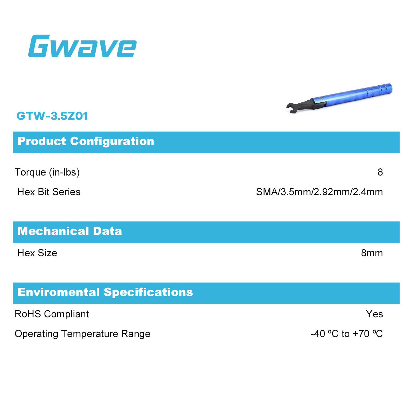SMA/3.5mm/2.92mm/2.4mm Connectors Torque Wrench with 8mm Hex Bit, 8 in-lbs
