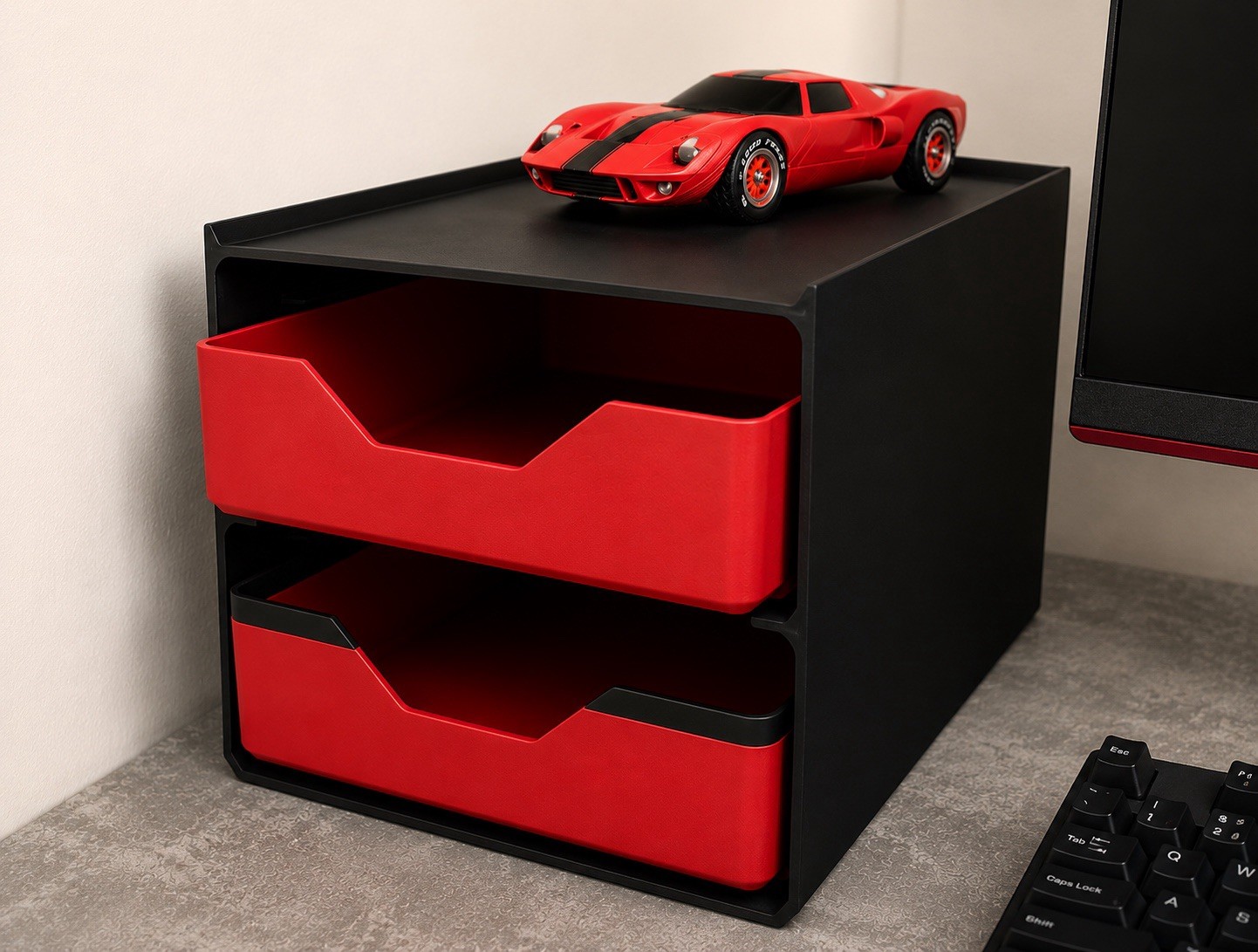 2 Pack Storage Bins 8 x 9 x 3″ Red & Black Plastic Small Container Stackable