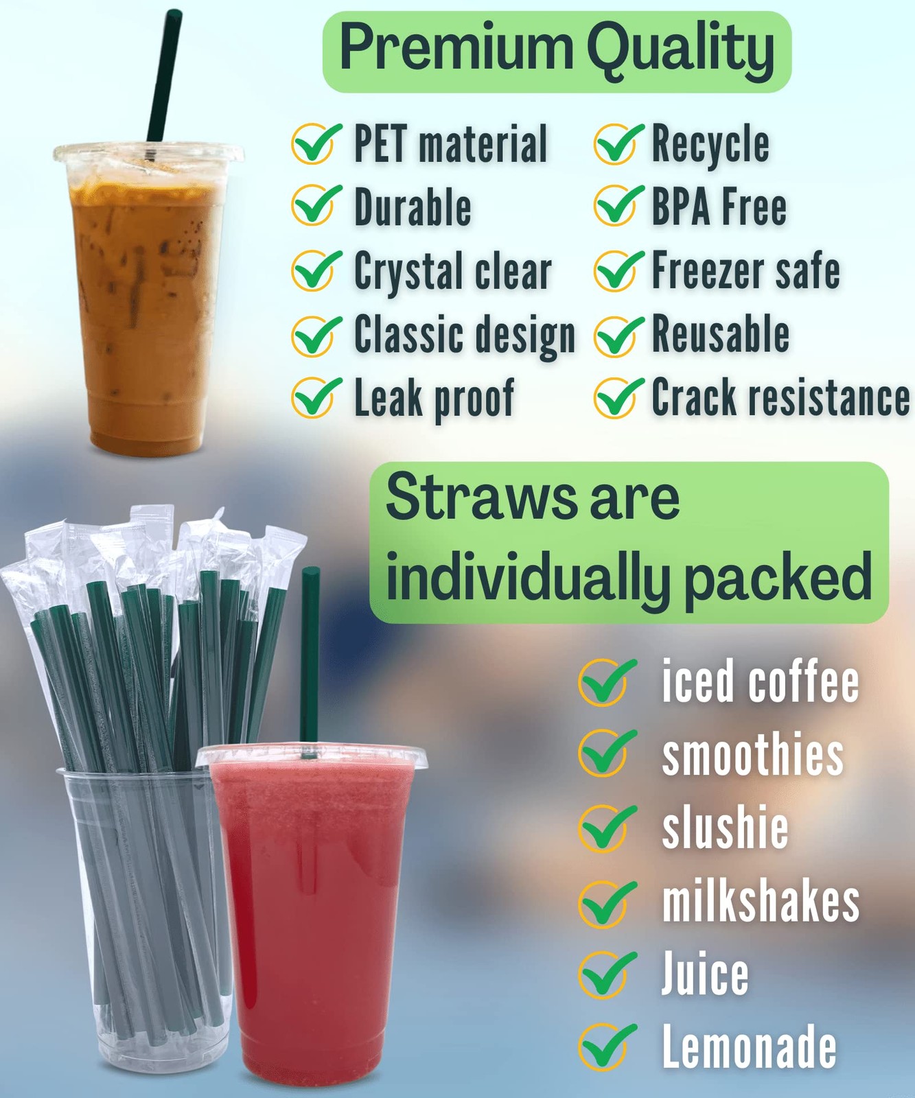 20 oz Clear Plastic Cups with Lids and STRAWS, 50 Piece Set, Transparent