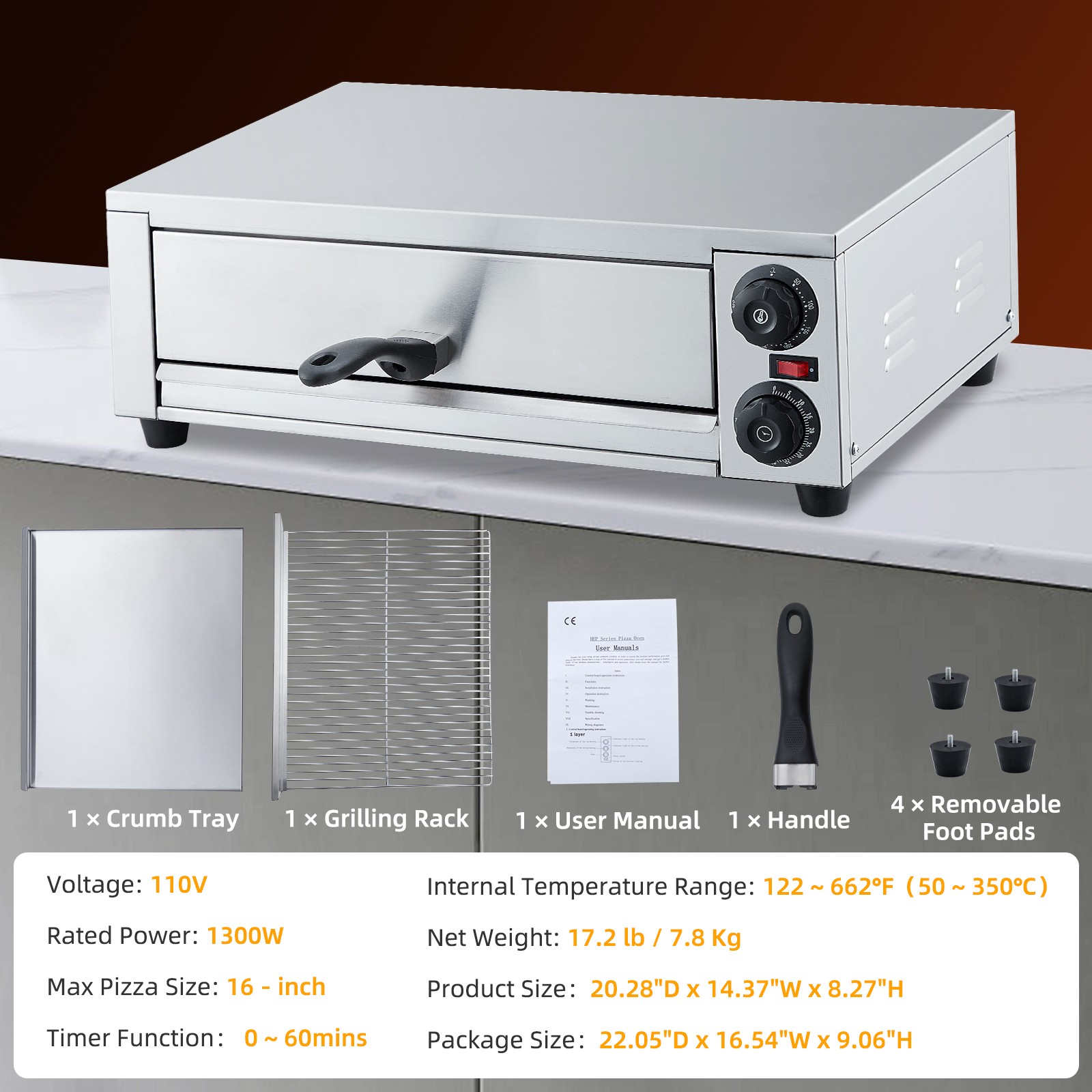 Commercial Pizza Oven Countertop,16″ Countertop Pizza Oven with Grilling Rack US