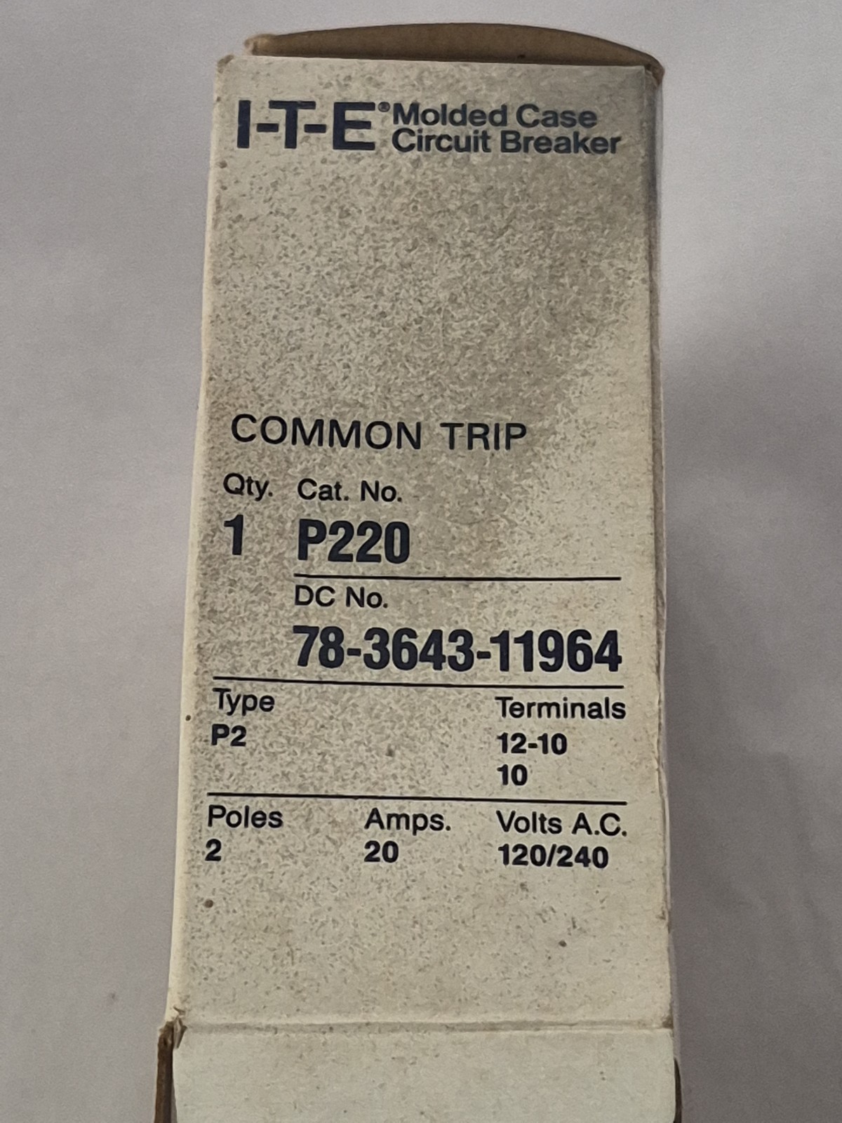 Siemens ITE P220 2P 20A 120/240VAC Bolt-On Pushmatic Circuit Breaker 10kA