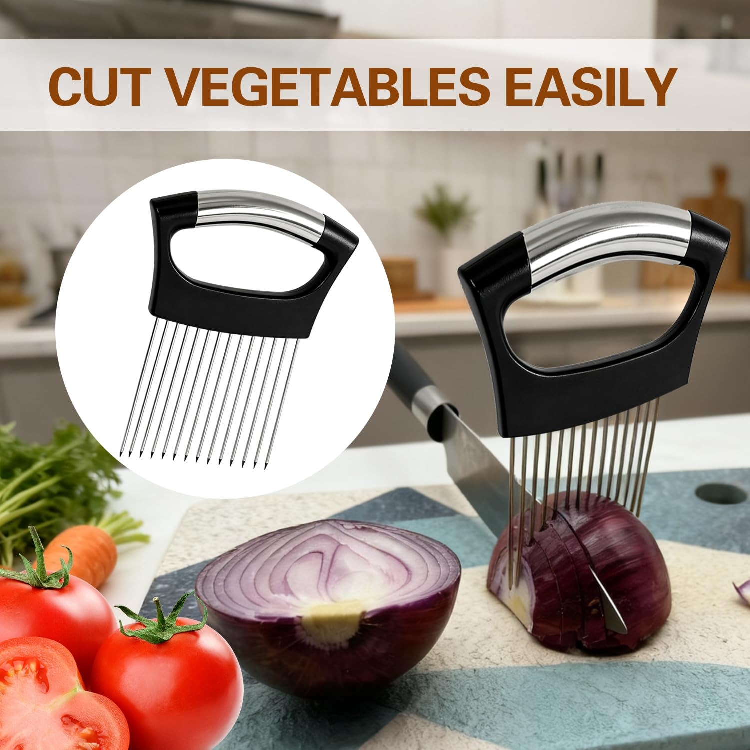 Wooyee Onion Holder for Slicing, Cutter Vegetable 14 Needles, Black