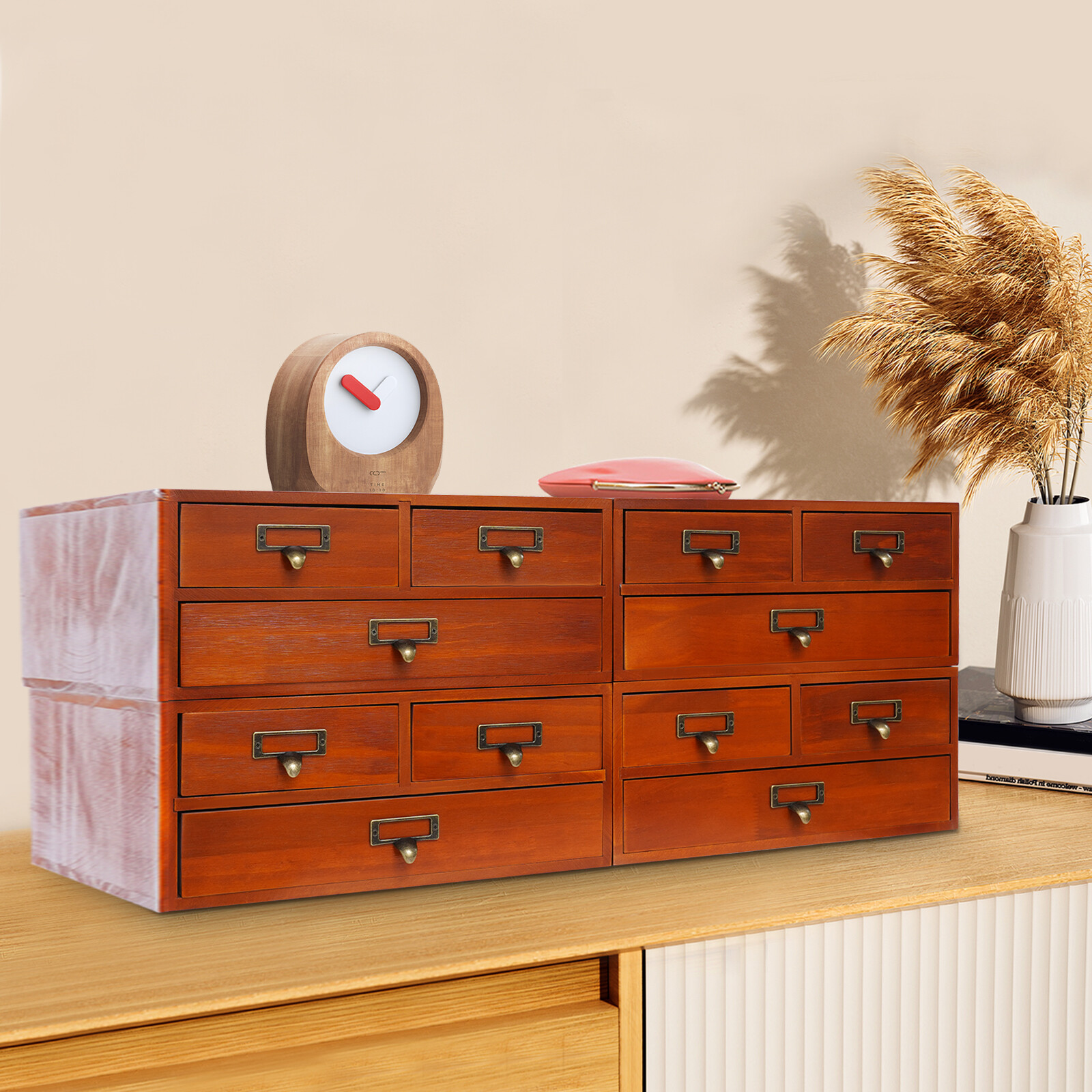 4 Pack 3 Drawer Wooden Desktop Organizer Drawer Storage Box For Tabletop- Brown