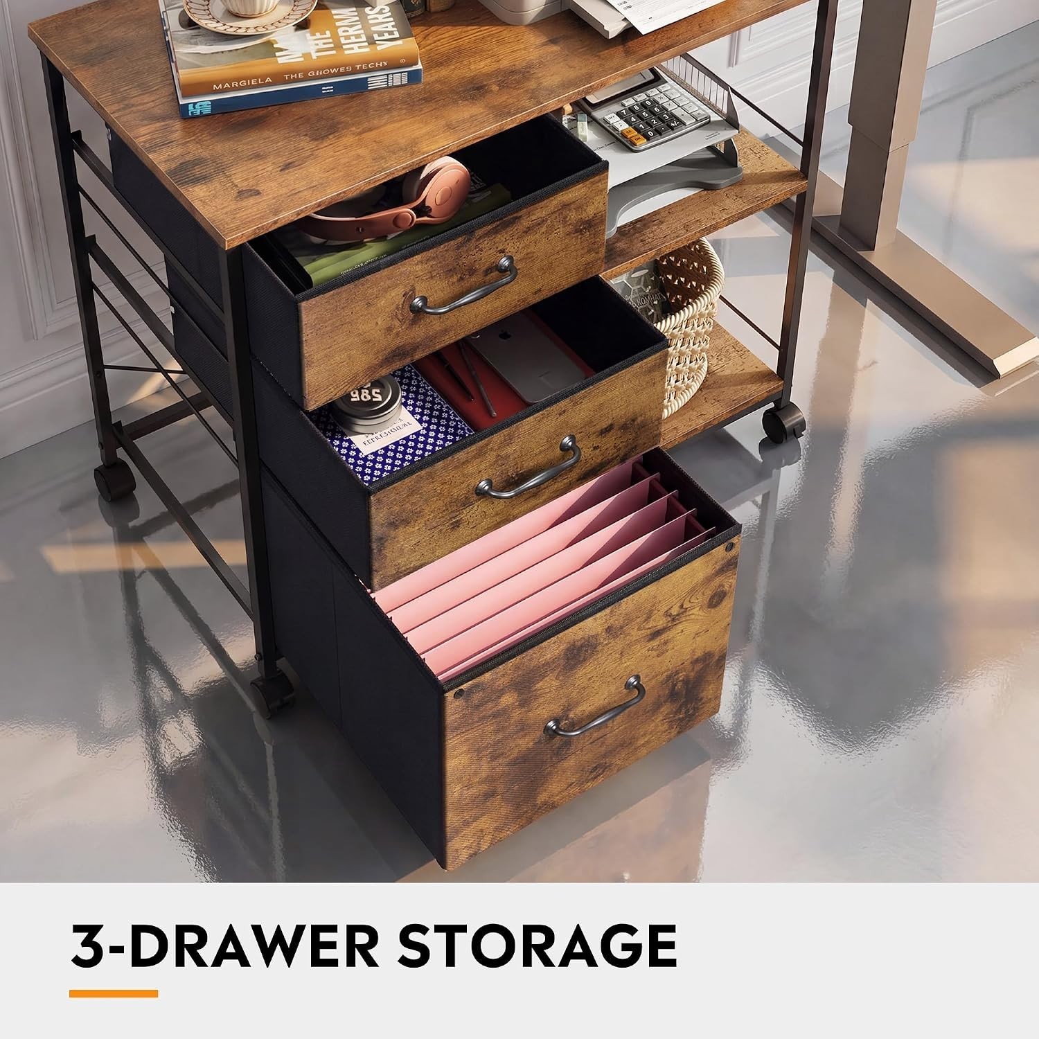 3 Drawer Mobile File Cabinet with Open Storage Shelf | Rolling Printer Stand,…
