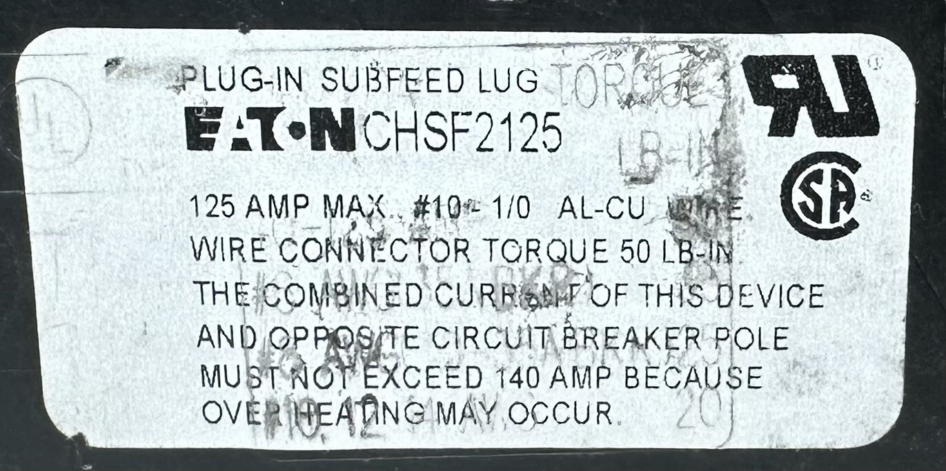 NEW Eaton CHSF2125 Plug-In Subfeed Lug, 125 Amp