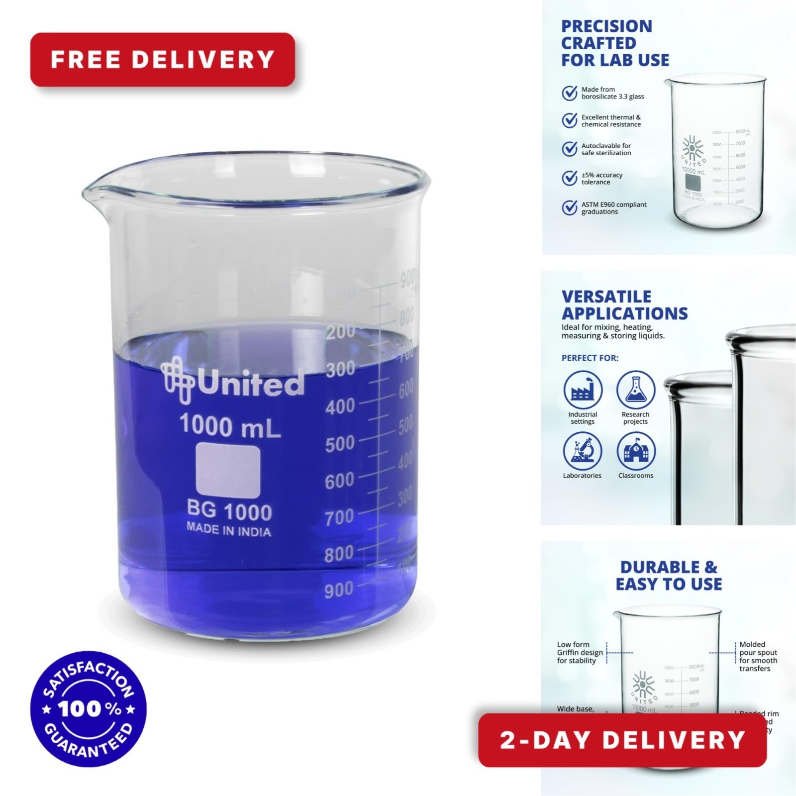 United Scientific Borosilicate Glass Beaker 1000ml Autoclavable