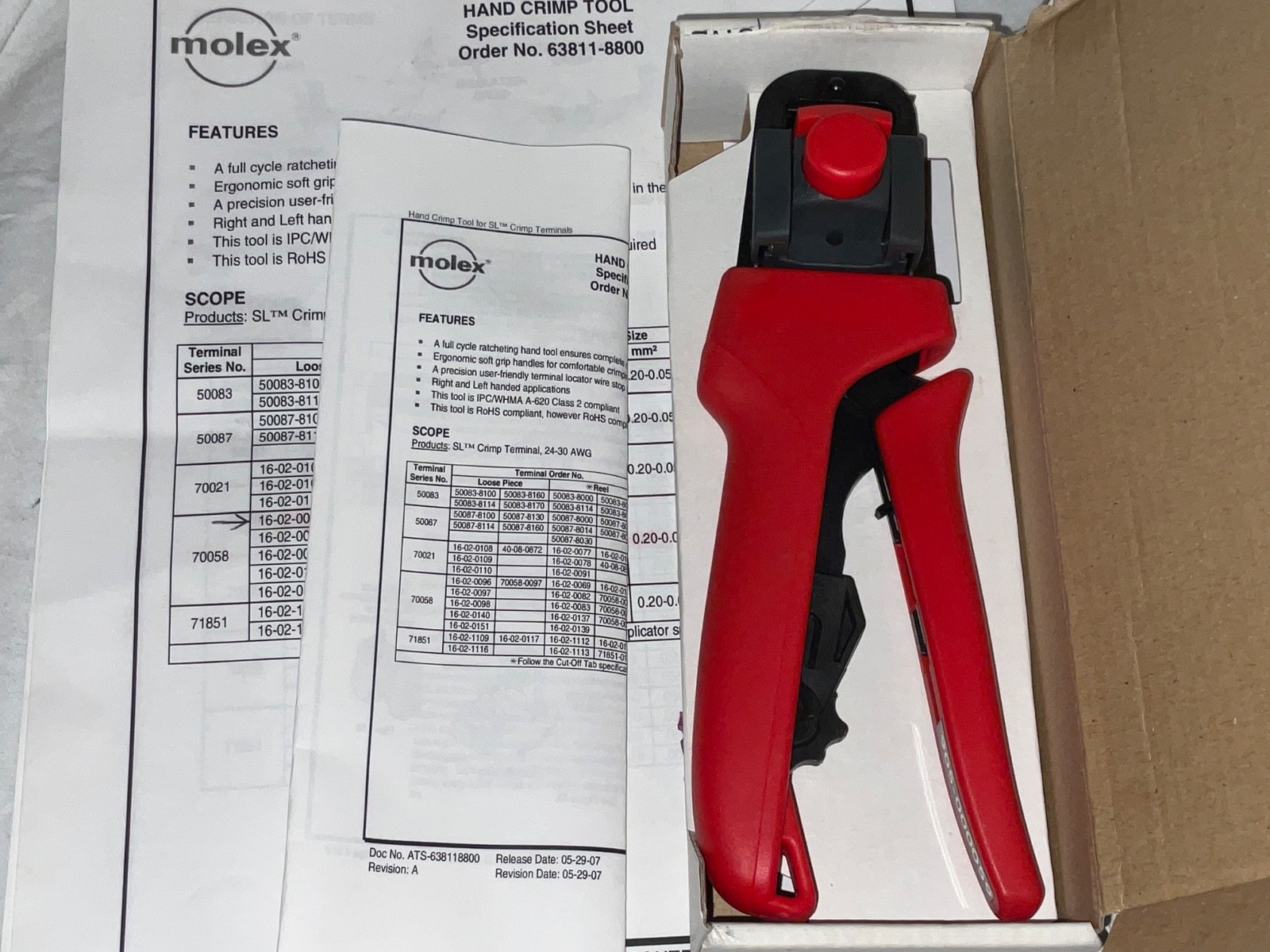 New Molex 63811-4400 Hand Crimp Tool Full Cycle Racheting Class 2 Compliant