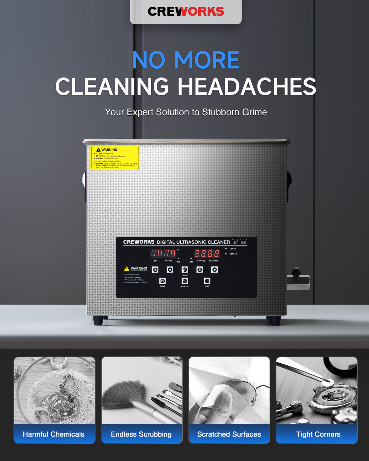 CREWORKS 6L Ultrasonic Cleaning Machine for Glasses Toys Brushes w Gentle Mode