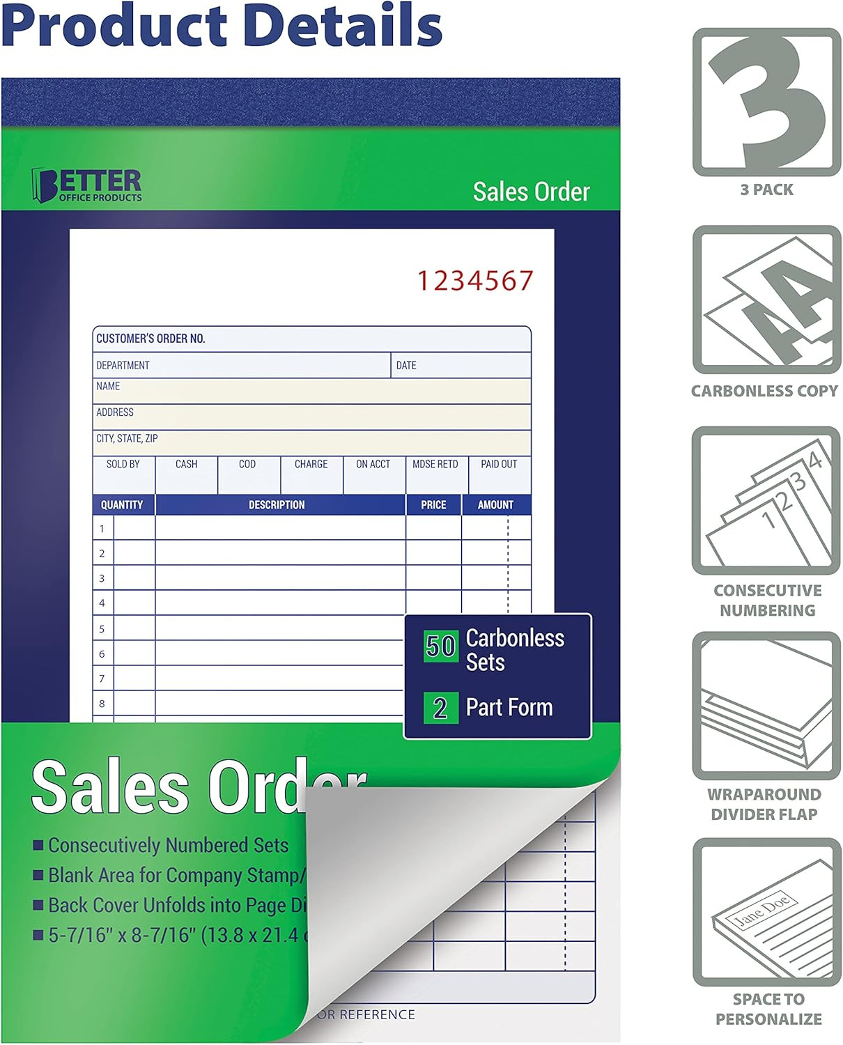Better Office Products Large Sales Order Books, 3 Pack, 2-Part Carbonless (White