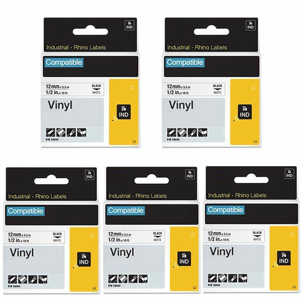 5PK Vinyl Label Tape 18444 12mm Black / White for DYMO RHINO 3000 4200 5200 6000