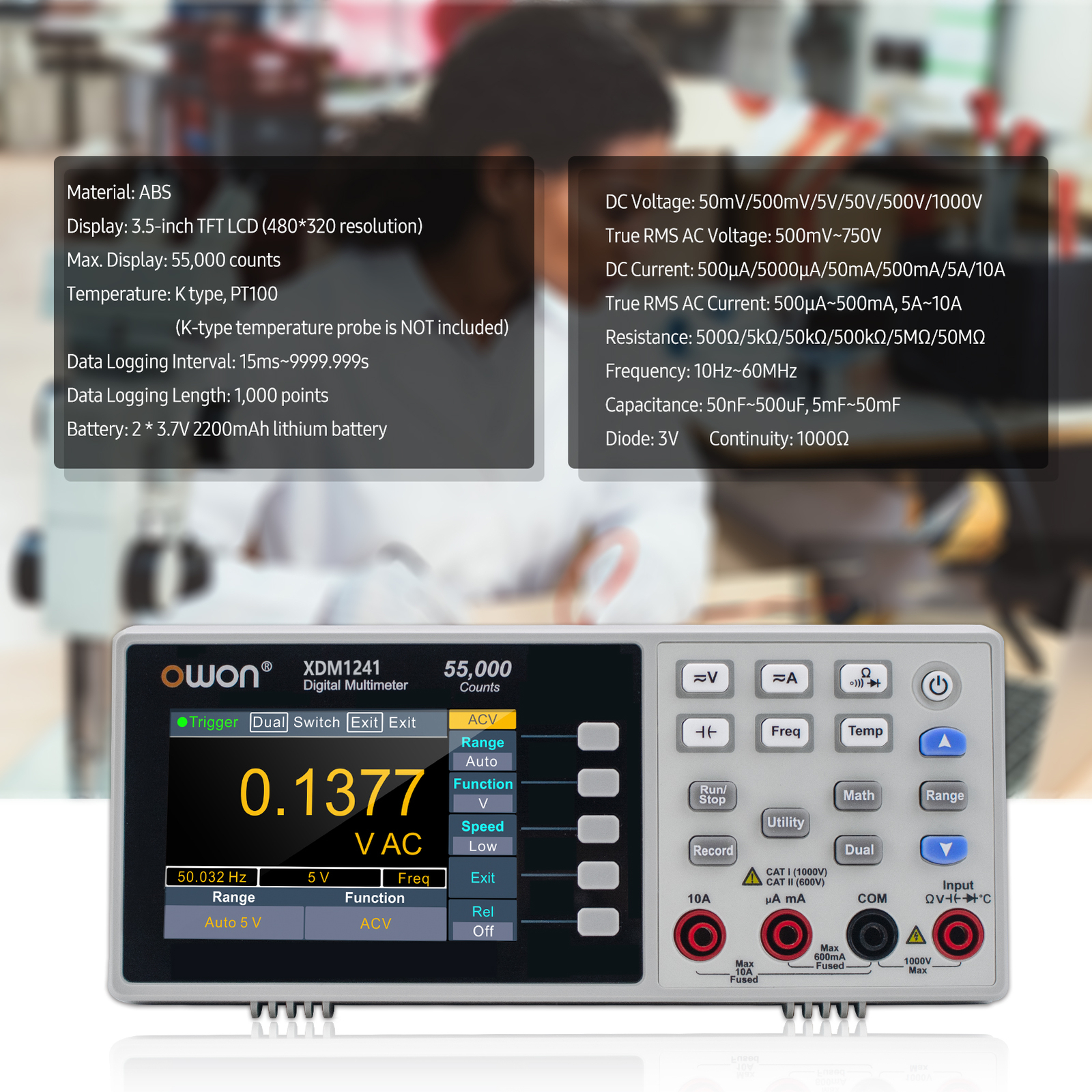 Owon XDM1241 Desktop Digital Multimeter Rechargeable 55,000 Counts E3A0