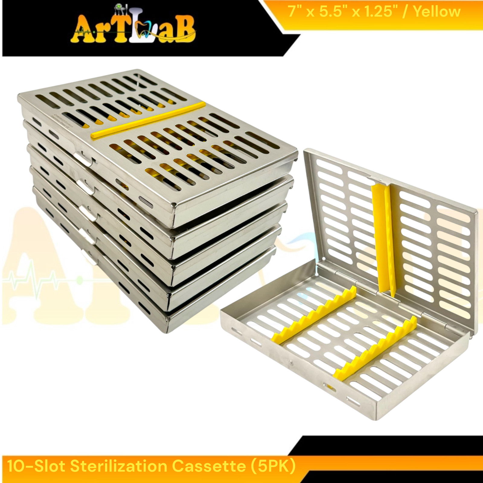 7in x 5.5in x 1.25in Sterilization Cassettes with 10-Slot Inserts Pack of 5