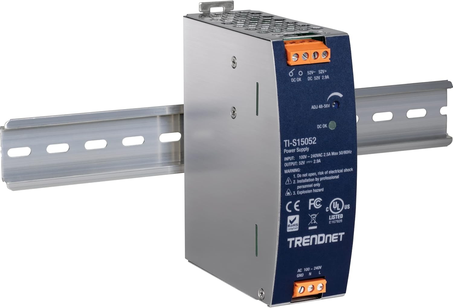 TRENDnet TI-S15052, 150W, 52V DC, 2.89A AC to DC DIN-Rail Power Supply with PFC
