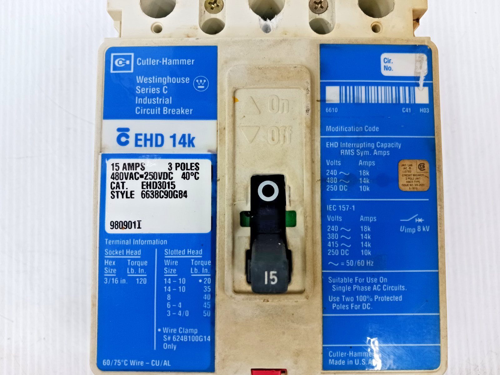 Cutler Hammer 15 Amp Circuit Breaker 3 Pole 480 VAC / 250 VDC 14kA EHD3015