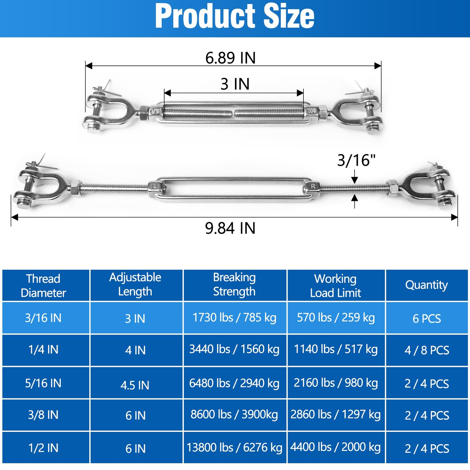 6 PCS M5 3/16 Inch 304 Stainless Steel Jaw Turnbuckle Cable Tensioner 570 lbs