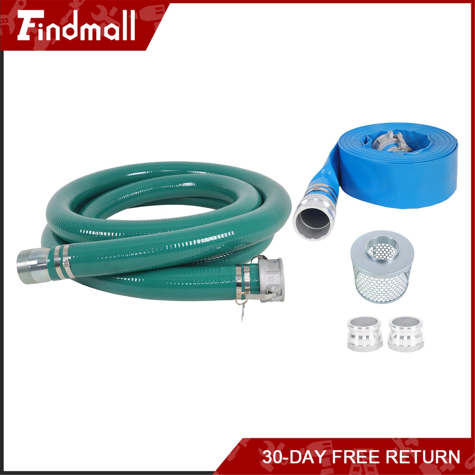 Findmall 3 inch Suction Hose Pump Kit Includes 65ft Blue Hose & 20ft Green Hose