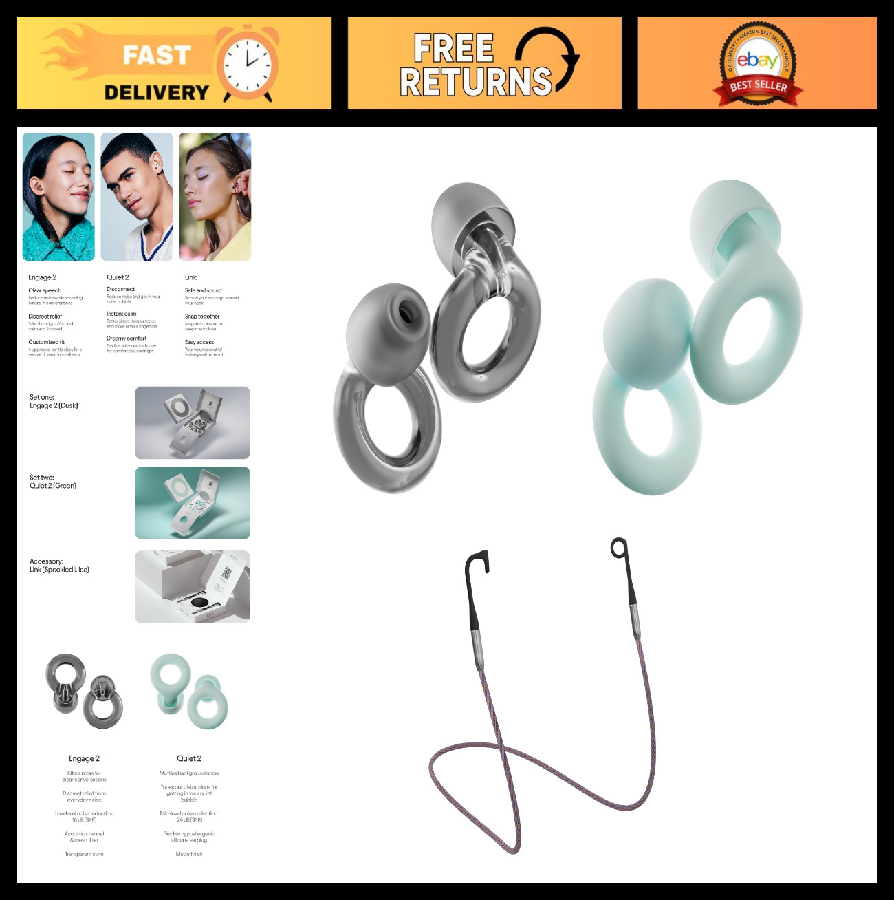 Reusable Ear Plugs 2-Pack | Noise Reduction 16 dB/24 dB | Sleep, Focus, Socializ