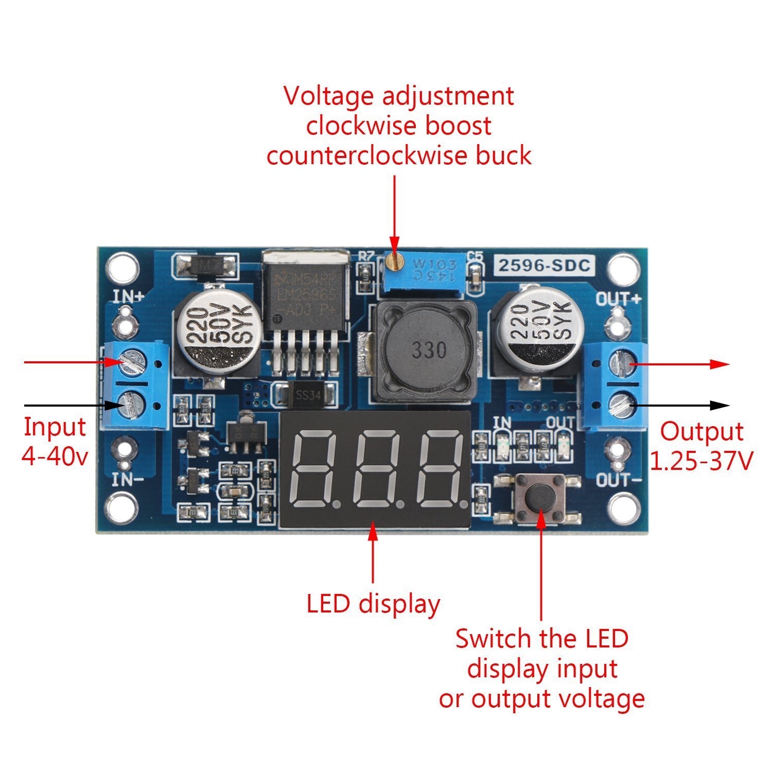 LM2596 DC 4.0-40 to 1.3-37V Adjustable Step-Down Buck Power Module + Voltmeter
