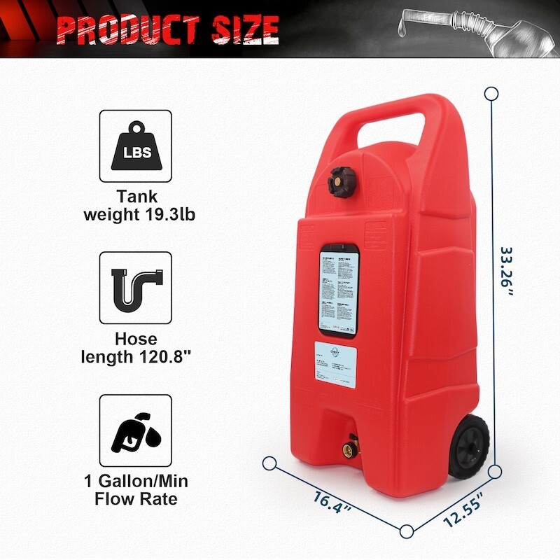 15 Gal HDPE Fuel Caddy Tank w/ Wheels 10ft Hose Hand Pump Gas Diesel Oil Red