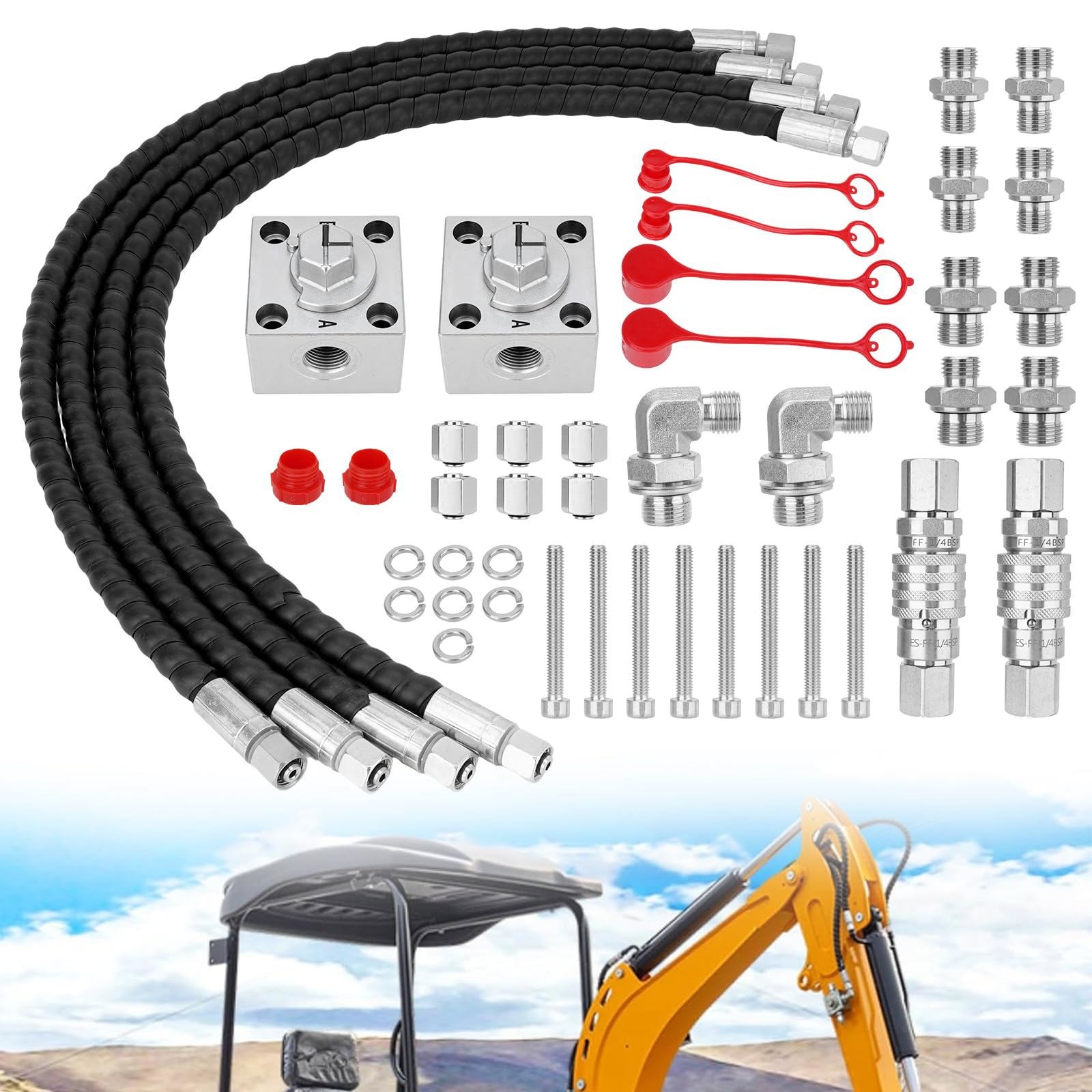 2Pcs 3 Way Hydraulic Diverter Valves Kit For 1-2 Ton Mini Excavator W/ 31″ Hoses