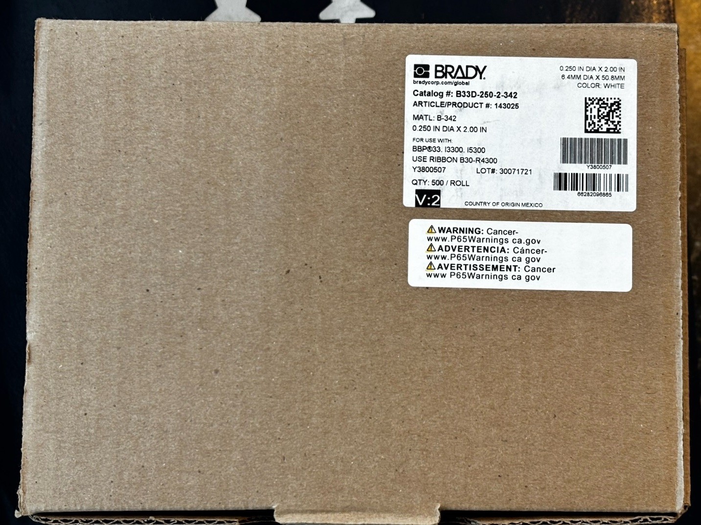 Brand New BRADY B33D-250-2-342 .250” X 2” 500 White Labels per Roll 96865