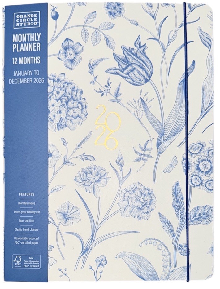 2026 Monthly 12 months Planner Orange Circle Studio OCS BOHO Blue Flowers Medium