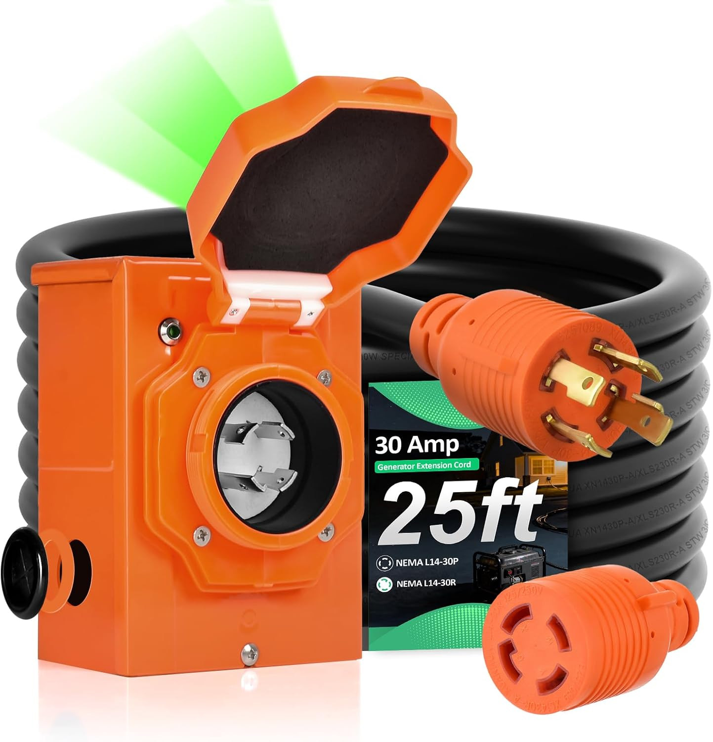 30 Amp Generator Cord and Power Inlet Box Kit, 25FT RV Extension Cord NEMA L14-3