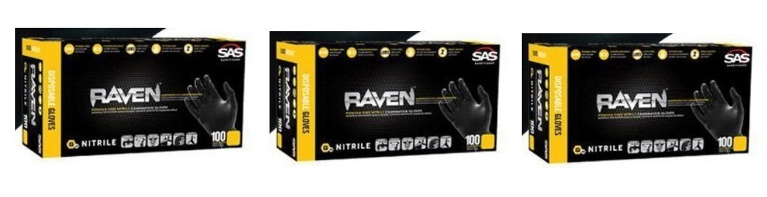 SAS Raven Black Nitrile Gloves Powder Free New 7mil Version (3 Boxs)