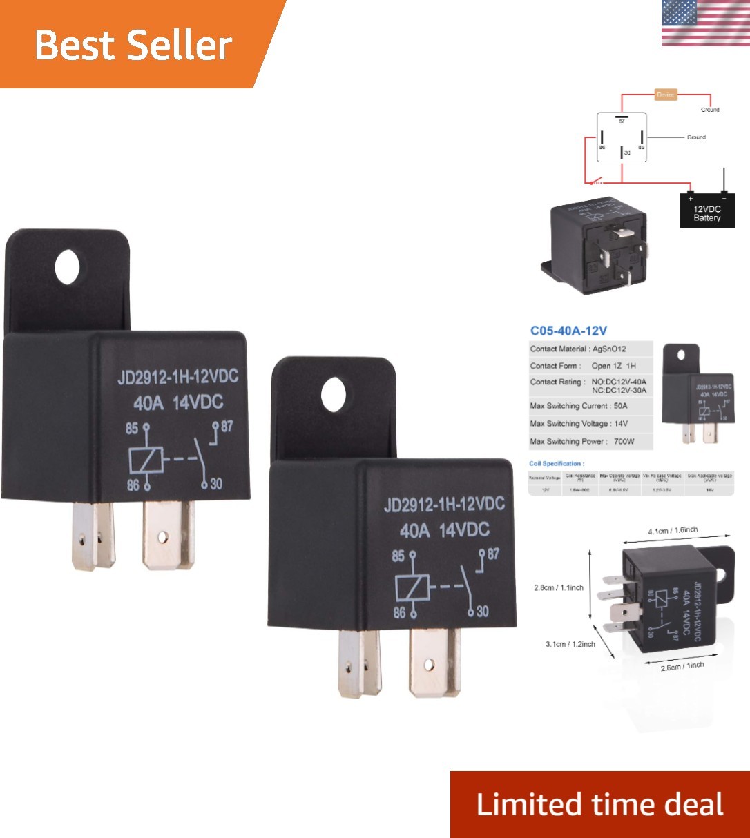 Compact 4-Pin SPST Relay 12V 40A – Ideal for Your Vehicle, 2 Relays Included
