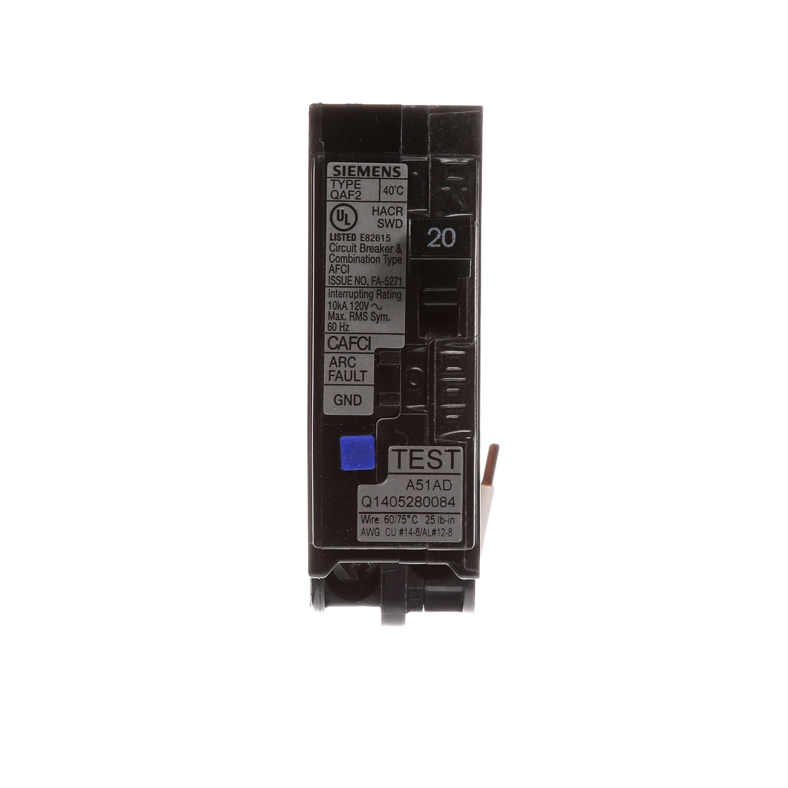 Siemens QA120AFC 20Amp Single Pole 120volt PlugOn Combination AFCI Breaker