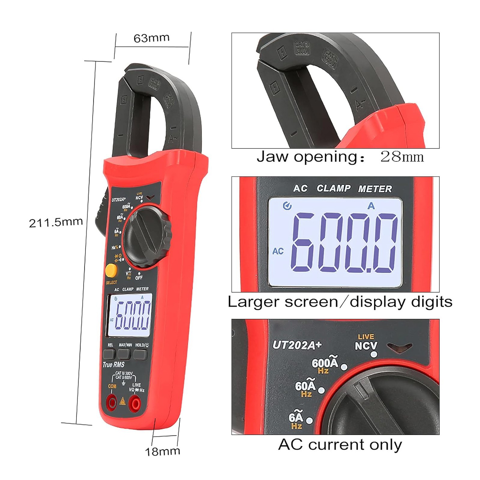 UT202A+ Digital Clamp Meter Multimeter Voltage 600A AC Current Resistance