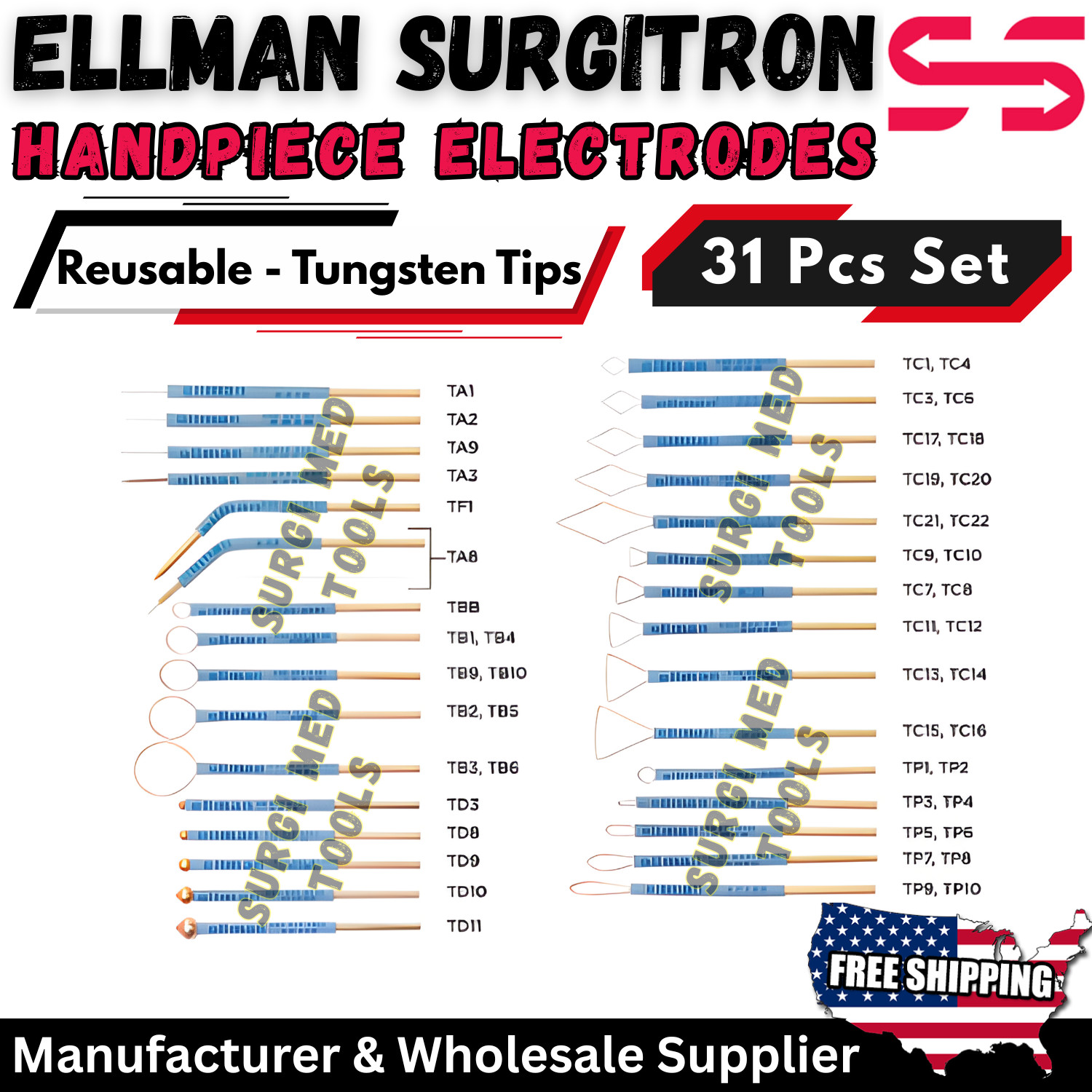 Ellman Surgitron Skin Cautery Electrodes CE Certified Set Reusable-Tungsten Tips