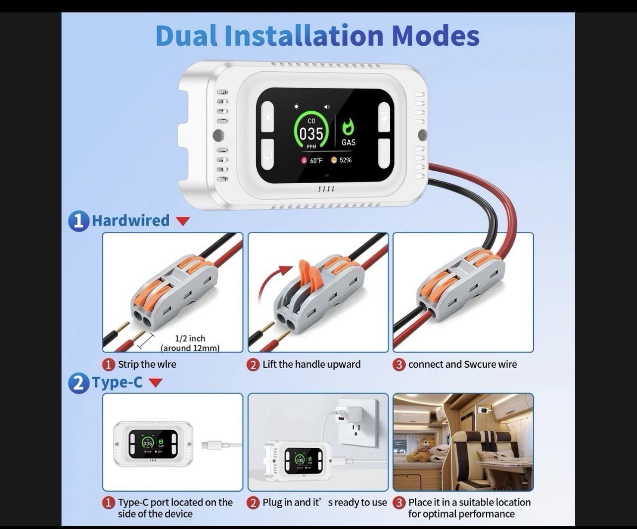 4-in-1 CO & Gas Detector for RV HD Display Temp Humidity 12V