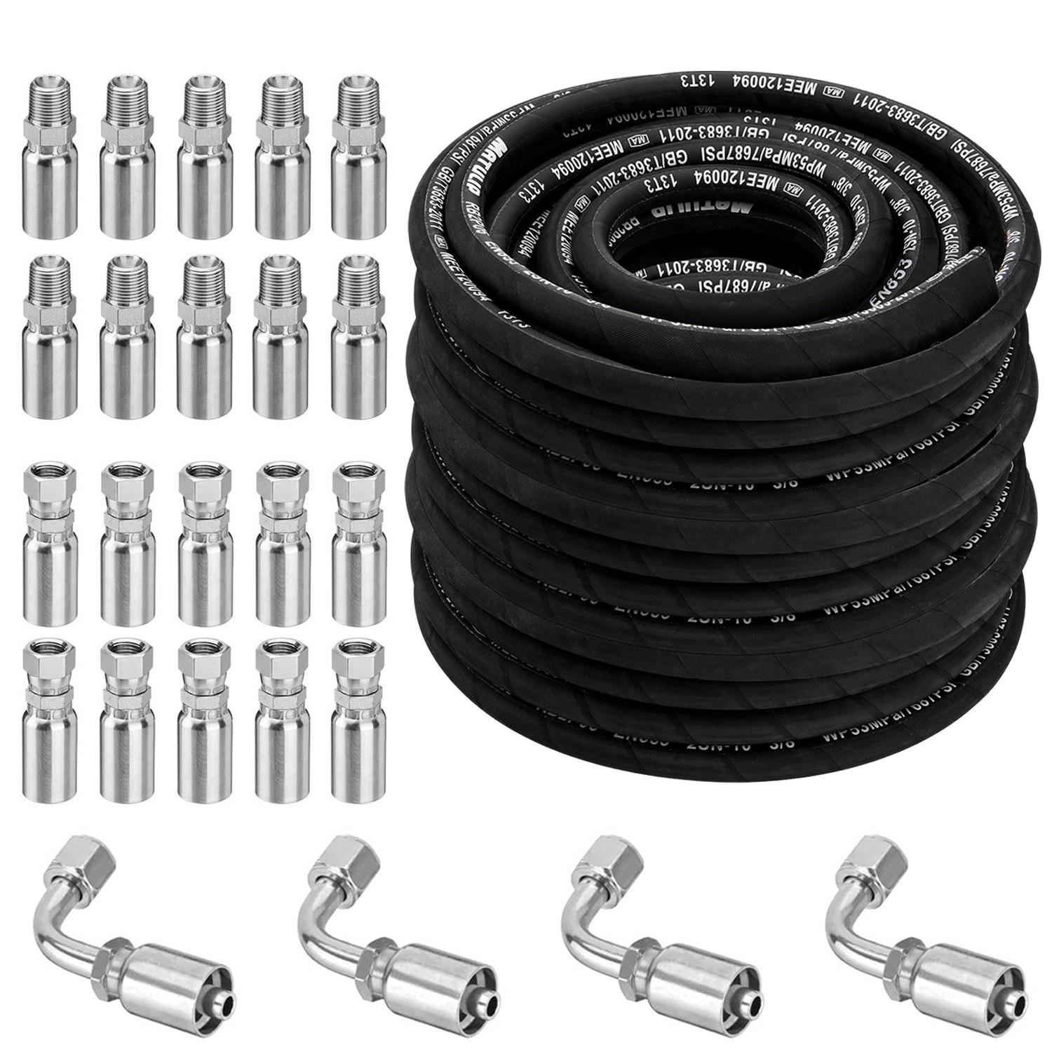 50FT 3/8″ Hydraulic Hose with 16PCS Hydraulic Hose Fittings, 2-Wire Braided Tube