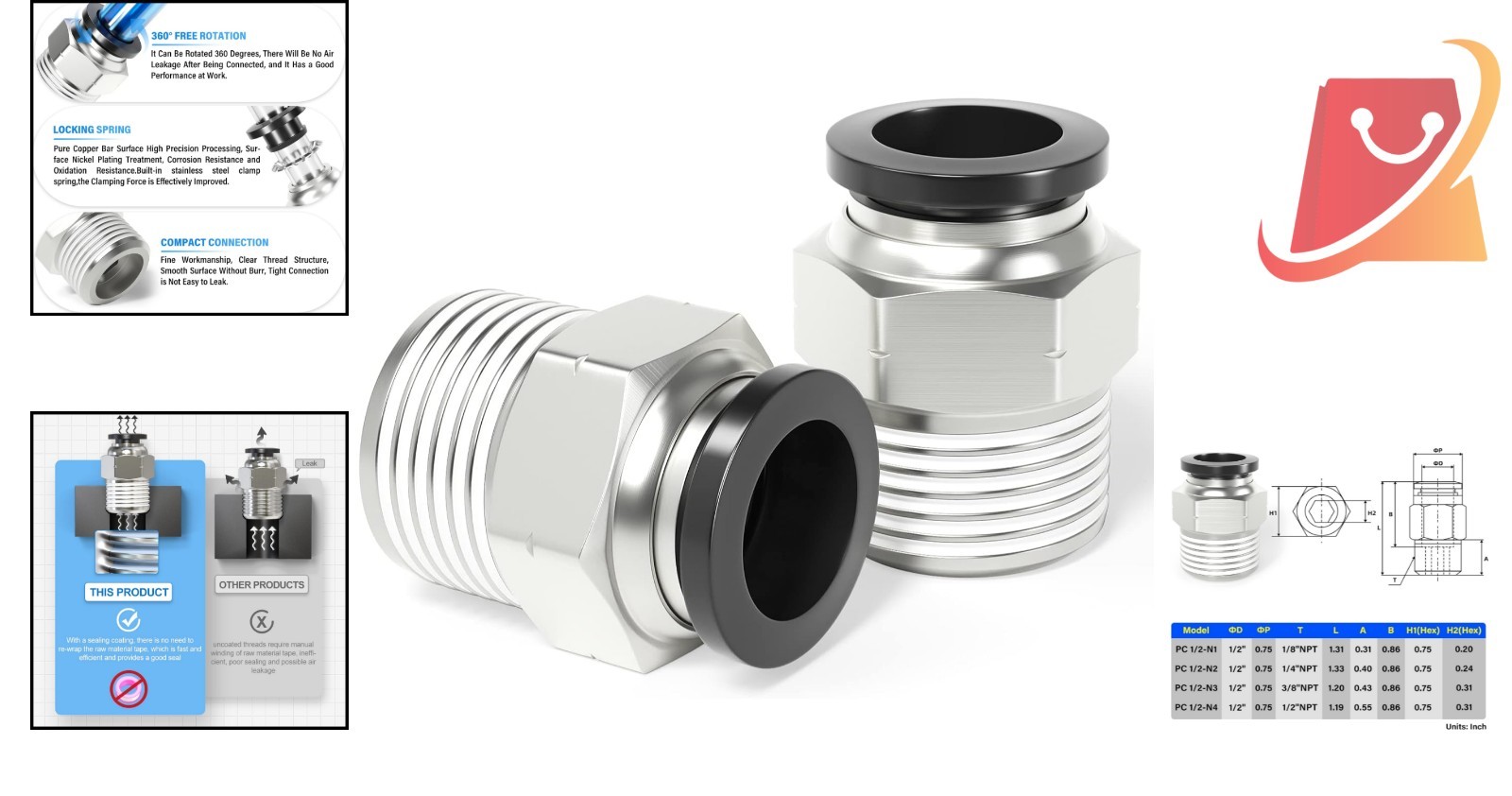 Copper Plastic Straight Push to Connect Fittings 1/2 Inch NPT Pipe Size 5 Pack