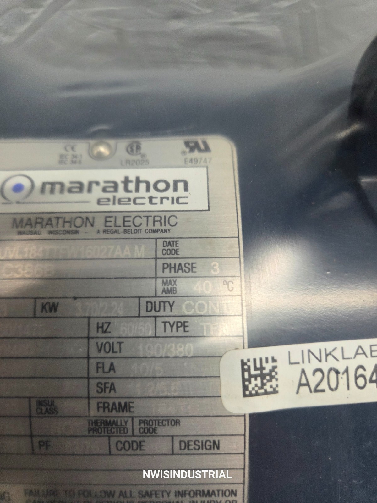 MARATHON ELECTRIC MOTOR C368B, UVL184TTFW16027AAM, 5HP, 1760 RPM, 230/460V 184TC