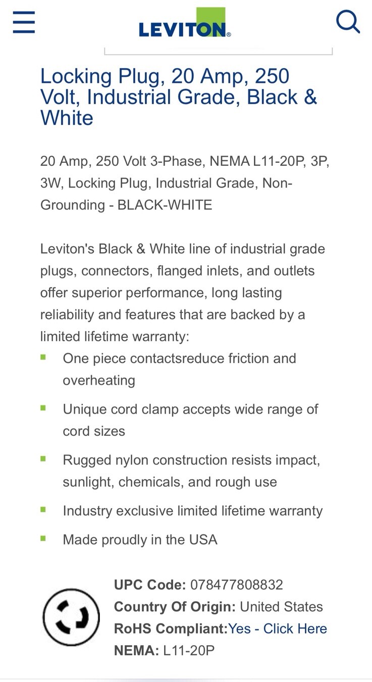 Twist Locking Plug NEMA L11-20P Cord Whip End Leviton 2371 20A 250V 3PH