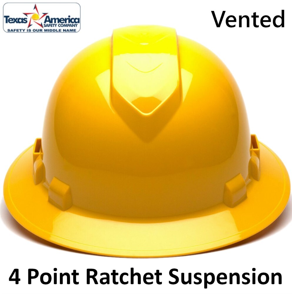 Pyramex Ridgeline Vented Full Brim Hard Hat with 4 pt suspension – Yellow