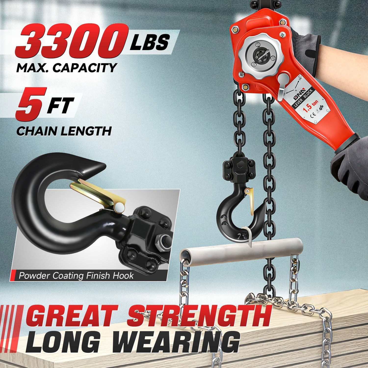 2Ton/4400lbs 5Ft Lifter Alloy Steel Lever Block G80 Chain Ratchet Hoist w/ Hook