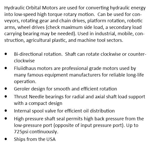 Hydraulic Low Speed High Torque Orbital Motor 4 Bolt 50-500cc 14.5gpm Bi-rotate