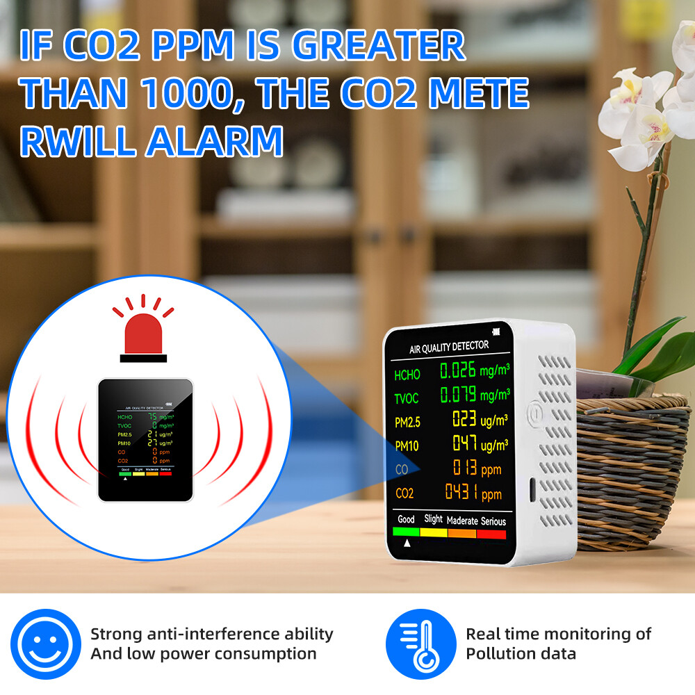 6 in 1 Air Quality Monitor PM CO2 Meter Carbon Dioxide Level TVOC HCHO Detector